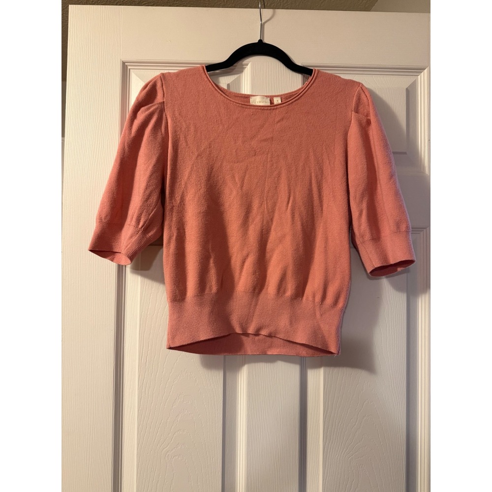Cyrus Women Puff Sleeve Knit Sweater Coral Pink Crew Neck Sz S Preppy Romantic